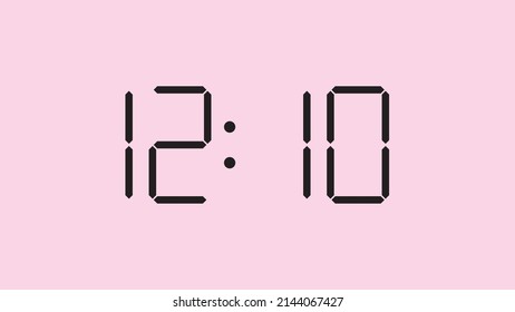 Digital clock close up displaying 12:10 o'clock, simple flat black icon vector eps 10