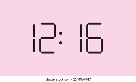 Digital clock close up displaying 12:16 o'clock, simple flat black icon vector eps 10