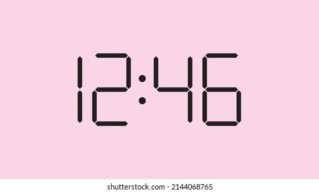 Digital clock close up displaying 12:46 o'clock, simple flat black icon vector eps 10