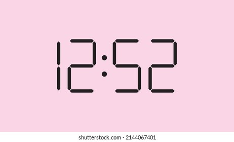 Digital clock close up displaying 12:52 o'clock, simple flat black icon vector eps 10