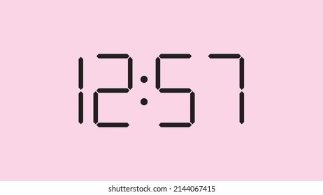 Digital clock close up displaying 12:57 o'clock, simple flat black icon vector eps 10