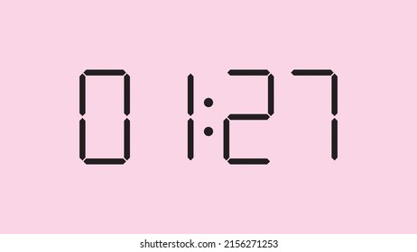 Digital clock close up displaying 1:27 o'clock, am or pm, simple flat black icon vector eps 10