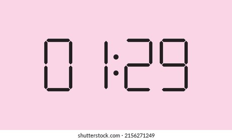 Digital clock close up displaying 1:29 o'clock, am or pm, simple flat black icon vector eps 10