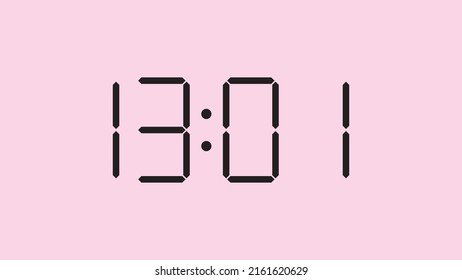 Digital clock close up displaying 13:01 o'clock, simple flat black icon vector eps 10