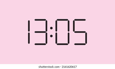 Digital clock close up displaying 13:05 o'clock, simple flat black icon vector eps 10