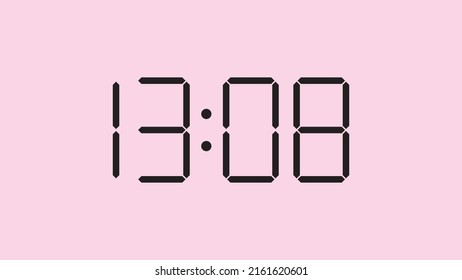 Digital clock close up displaying 13:08 o'clock, simple flat black icon vector eps 10