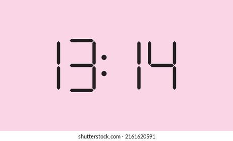 Digital clock close up displaying 13:14 o'clock, simple flat black icon vector eps 10