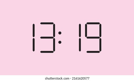 Digital clock close up displaying 13:19 o'clock, simple flat black icon vector eps 10