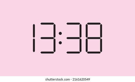 Digital clock close up displaying 13:38 o'clock, simple flat black icon vector eps 10