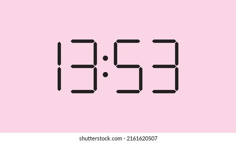 Digital clock close up displaying 13:53 o'clock, simple flat black icon vector eps 10