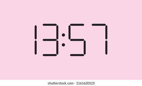Digital clock close up displaying 13:57 o'clock, simple flat black icon vector eps 10