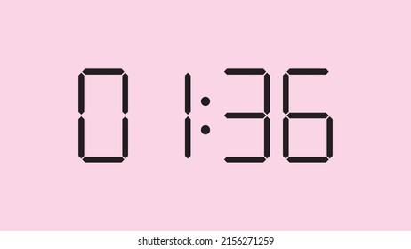 Cierre del reloj digital mostrando 1:36 en punto, am o pm, simple icono plano negro vector eps 10