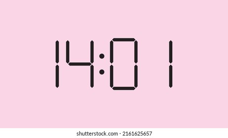 Digital clock close up displaying 14:01 o'clock, simple flat black icon vector eps 10