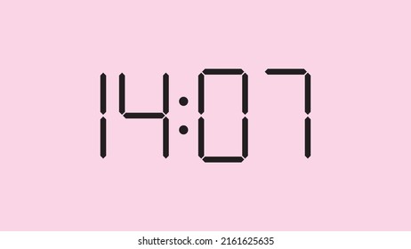 Digital clock close up displaying 14:07 o'clock, simple flat black icon vector eps 10