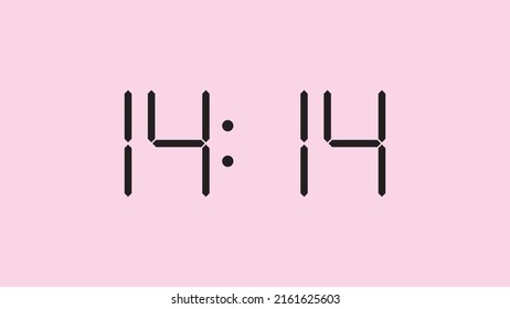 Digital clock close up displaying 14:14 o'clock, simple flat black icon vector eps 10