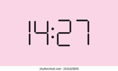 Digital clock close up displaying 14:27 o'clock, simple flat black icon vector eps 10