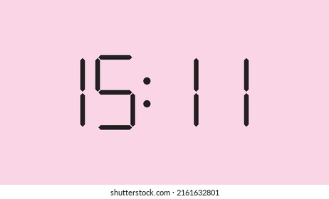 Digital clock close up displaying 15:11 o'clock, simple flat black icon vector eps 10
