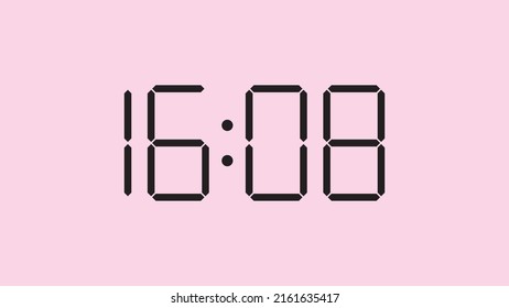Cierre del reloj digital mostrando las 16:08 en punto, sencillo icono plano negro vector eps 10