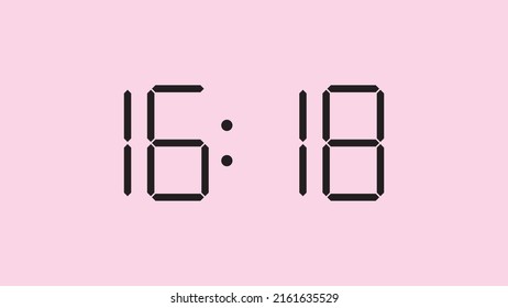 Digital clock close up displaying 16:18 o'clock, simple flat black icon vector eps 10