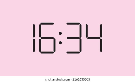 Digital clock close up displaying 16:34 o'clock, simple flat black icon vector eps 10