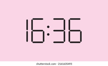 Digital clock close up displaying 16:36 o'clock, simple flat black icon vector eps 10