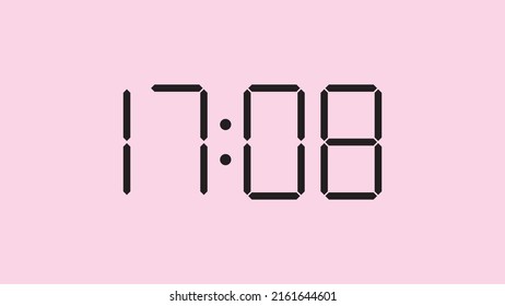 Digital clock close up displaying 17:08 o'clock, simple flat black icon vector eps 10