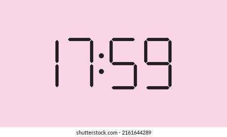 Digital clock close up displaying 17:59 o'clock, simple flat black icon vector eps 10
