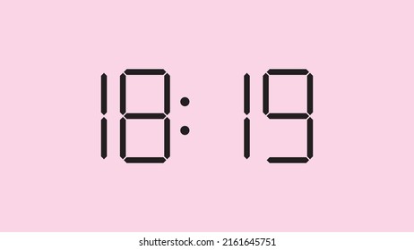 Digital clock close up displaying 18:19 o'clock, simple flat black icon vector eps 10