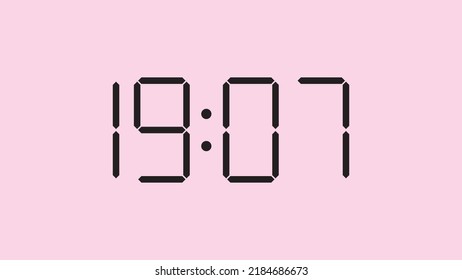 Digital clock close up displaying 19:07 o'clock, simple flat black icon vector eps 10