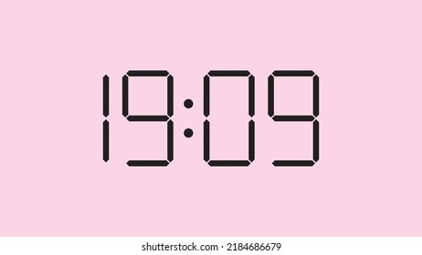 Digital clock close up displaying 19:09 o'clock, simple flat black icon vector eps 10