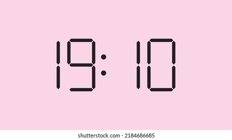 Digital clock close up displaying 19:10 o'clock, simple flat black icon vector eps 10