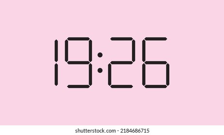 Digital clock close up displaying 19:26 o'clock, simple flat black icon vector eps 10