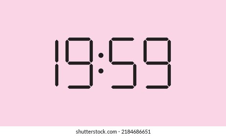 Digital clock close up displaying 19:59 o'clock, simple flat black icon vector eps 10