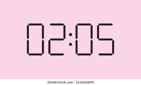 Digital clock close up displaying 2:05 o'clock, am or pm, simple flat black icon vector eps 10