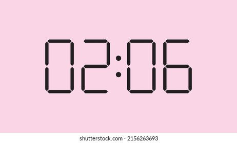 Digital clock close up displaying 2:06 o'clock, am or pm, simple flat black icon vector eps 10