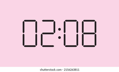 Digital clock close up displaying 2:08 o'clock, am or pm, simple flat black icon vector eps 10