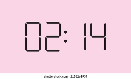 Digitale Uhr, Nahaufnahme mit der Anzeige von 2:14 Uhr, 10 Uhr oder 10 Uhr, einfaches, flaches schwarzes Symbol, Vektorsymbol eps10