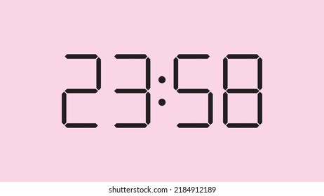 Digital clock close up displaying 23:58 o'clock, simple flat black icon vector eps 10