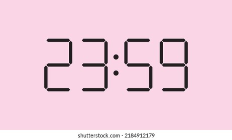 Cierre del reloj digital mostrando las 23:59 en punto, sencillo icono plano negro vector eps 10