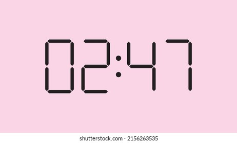 Digital clock close up displaying 2:47 o'clock, am or pm, simple flat black icon vector eps 10