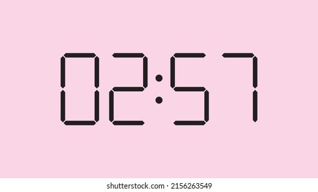Digital clock close up displaying 2:57 o'clock, am or pm, simple flat black icon vector eps 10