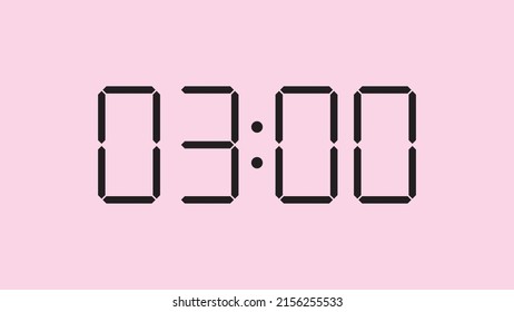 Digital clock close up displaying 3:00 o'clock, am or pm, simple flat black icon vector eps 10