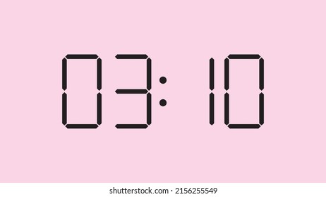 Digitale Uhr, Nahaufnahme mit Anzeige von 3:10 Uhr, 10 Uhr oder 10 Uhr, einfaches, flaches schwarzes Symbol, Vektorsymbol eps10