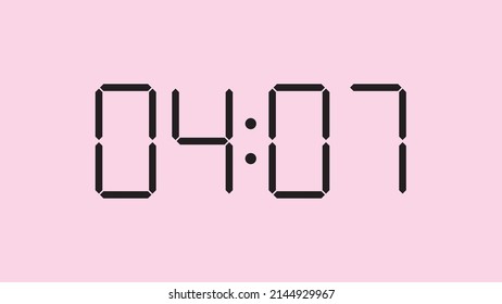 Cierre del reloj digital mostrando las 4:07 en punto, am o pm, simple icono plano negro vector eps 10
