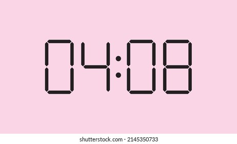 Digital clock close up displaying 4:08 o'clock, am or pm, simple flat black icon vector eps 10