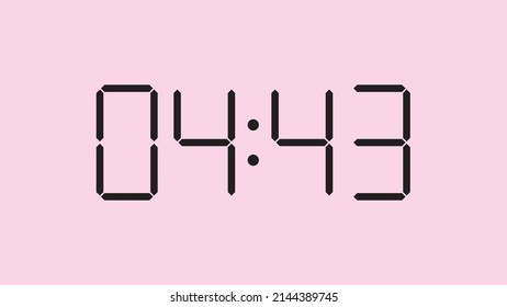 Digital clock close up displaying 4:43 o'clock, am or pm, simple flat black icon vector eps 10