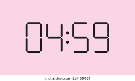 Digital clock close up displaying 4:59 o'clock, am or pm, simple flat black icon vector eps 10
