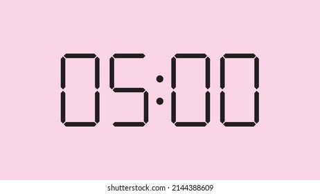 Digital clock close up displaying 5:00 o'clock, am or pm, simple flat black icon vector eps 10