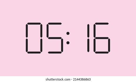 Digital clock close up displaying 5:16 o'clock, am or pm, simple flat black icon vector eps 10