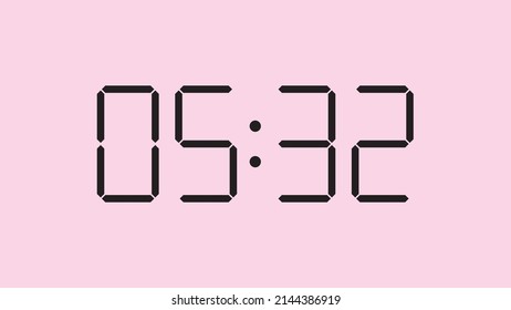 Digital clock close up displaying 5:32 o'clock, am or pm, simple flat black icon vector eps 10